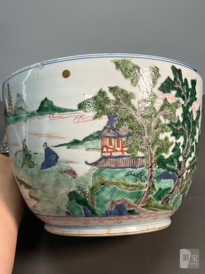 清康熙  五彩通景山水人物图盖罐 - 图12